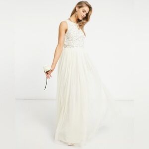 Maya 2 in 1 Ecru Maxi Tull Dress with Tonal delicate Sequin- NWT-12